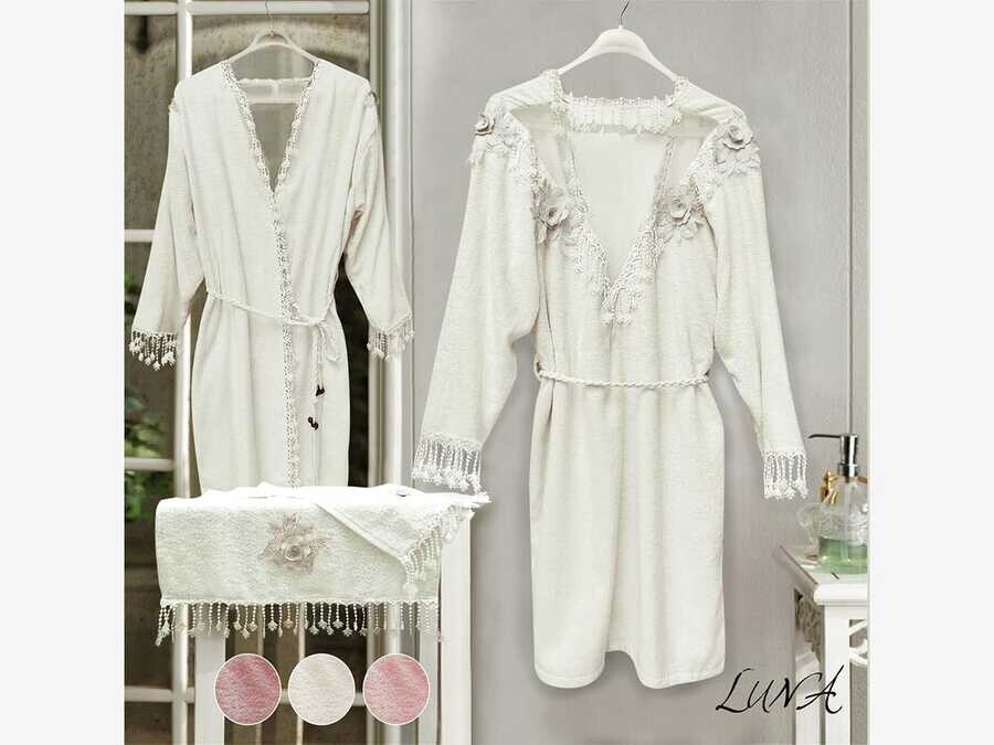 Dowry World - Bamboo Lacy Back Detail Luna Women's Bathrobe Set Cream Dowry World - Bamboo Lacy Back Detail Luna Women's Bathrobe Set Cream