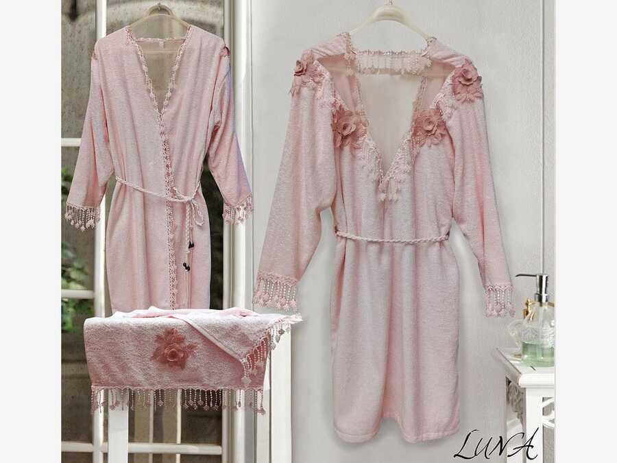 Dowry World - Bamboo Lacy Back Detail Luna Women's Bathrobe Set Powder