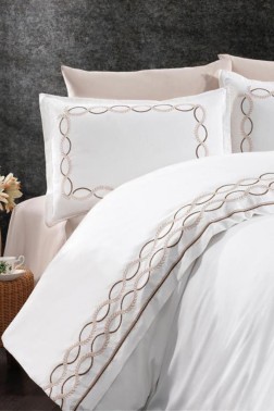 Basak Embroidered 100% Cotton Duvet Cover Set, Duvet Cover 200x220, Sheet 240x260, Double Size, Full Size Beige - Thumbnail