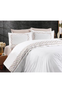 Basak Embroidered 100% Cotton Duvet Cover Set, Duvet Cover 200x220, Sheet 240x260, Double Size, Full Size Beige - Thumbnail