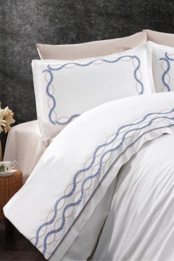 Basak Embroidered 100% Cotton Duvet Cover Set, Duvet Cover 200x220, Sheet 240x260, Double Size, Full Size Blue - Thumbnail