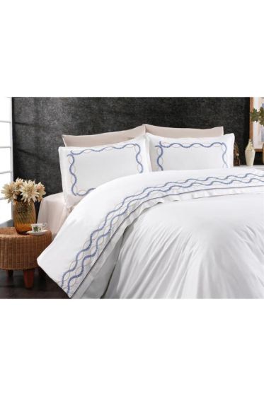 Basak Embroidered 100% Cotton Duvet Cover Set, Duvet Cover 200x220, Sheet 240x260, Double Size, Full Size Blue