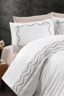 Basak Embroidered 100% Cotton Duvet Cover Set, Duvet Cover 200x220, Sheet 240x260, Double Size, Full Size Gray - Thumbnail