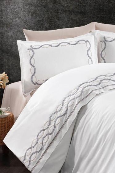 Basak Embroidered 100% Cotton Duvet Cover Set, Duvet Cover 200x220, Sheet 240x260, Double Size, Full Size Gray