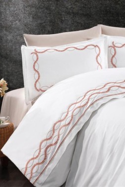 Basak Embroidered 100% Cotton Duvet Cover Set, Duvet Cover 200x220, Sheet 240x260, Double Size, Full Size Orange - Thumbnail