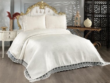 Belins Bedding Set 3 pcs, Bedspread 250x250 cm, Lace, Double Size, Cream - Thumbnail