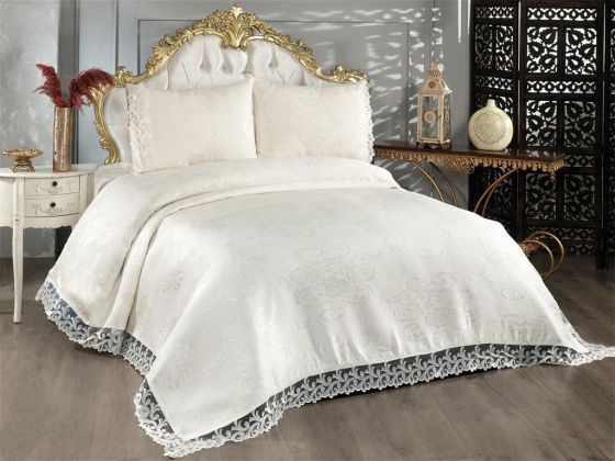 Belins Bedding Set 3 pcs, Bedspread 250x250 cm, Lace, Double Size, Cream