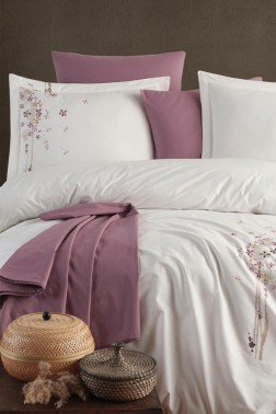 Belis Embroidered 100% Cotton Duvet Cover Set, Duvet Cover 200x220, Sheet 240x260, Double Size, Full Size Ecru - Thumbnail