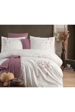 Belis Embroidered 100% Cotton Duvet Cover Set, Duvet Cover 200x220, Sheet 240x260, Double Size, Full Size Ecru - Thumbnail