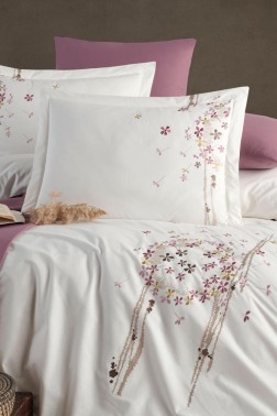 Belis Embroidered 100% Cotton Duvet Cover Set, Duvet Cover 200x220, Sheet 240x260, Double Size, Full Size Ecru - Thumbnail