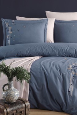 Belis Embroidered 100% Cotton Duvet Cover Set, Duvet Cover 200x220, Sheet 240x260, Double Size, Full Size Indigo - Thumbnail