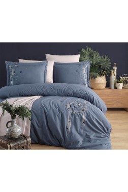 Belis Embroidered 100% Cotton Duvet Cover Set, Duvet Cover 200x220, Sheet 240x260, Double Size, Full Size Indigo - Thumbnail