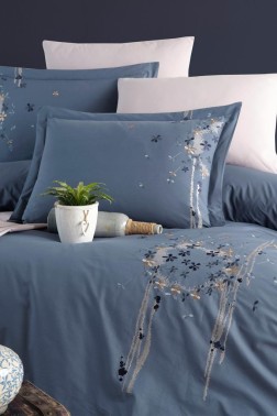 Belis Embroidered 100% Cotton Duvet Cover Set, Duvet Cover 200x220, Sheet 240x260, Double Size, Full Size Indigo - Thumbnail