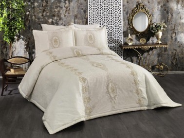 Beliza Embroidered Velvet Double Bedspread Cream - Thumbnail