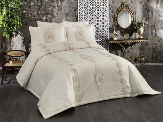 Beliza Embroidered Velvet Double Bedspread Cream