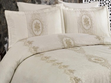 Beliza Embroidered Velvet Double Bedspread Cream - Thumbnail