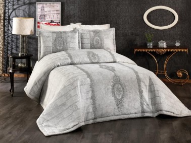 Beliza Embroidered Velvet Double Bedspread Gray - Thumbnail