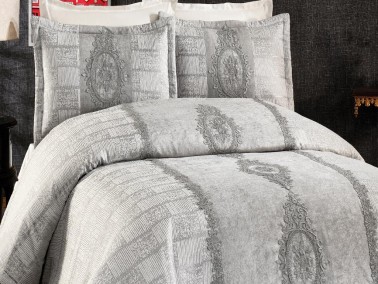 Beliza Embroidered Velvet Double Bedspread Gray - Thumbnail