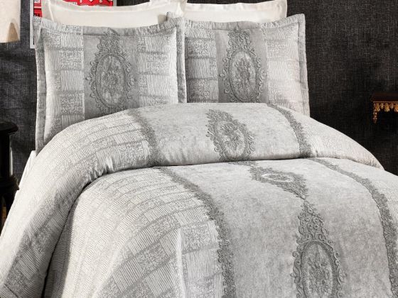 Beliza Embroidered Velvet Double Bedspread Gray