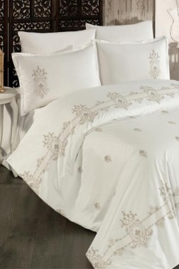 Bella Embroidered 100% Cotton Duvet Cover Set, Duvet Cover 200x220, Sheet 240x260, Double Size, Full Size Beige - Thumbnail