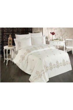 Bella Embroidered 100% Cotton Duvet Cover Set, Duvet Cover 200x220, Sheet 240x260, Double Size, Full Size Beige - Thumbnail