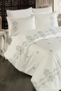 Bella Embroidered 100% Cotton Duvet Cover Set, Duvet Cover 200x220, Sheet 240x260, Double Size, Full Size Blue - Thumbnail