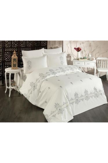 Bella Embroidered 100% Cotton Duvet Cover Set, Duvet Cover 200x220, Sheet 240x260, Double Size, Full Size Blue