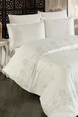 Bella Embroidered 100% Cotton Duvet Cover Set, Duvet Cover 200x220, Sheet 240x260, Double Size, Full Size Gold - Thumbnail