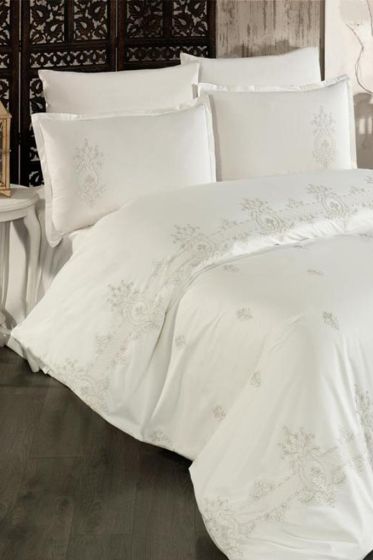 Bella Embroidered 100% Cotton Duvet Cover Set, Duvet Cover 200x220, Sheet 240x260, Double Size, Full Size Gold