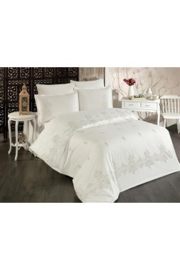 Bella Embroidered 100% Cotton Duvet Cover Set, Duvet Cover 200x220, Sheet 240x260, Double Size, Full Size Gold - Thumbnail