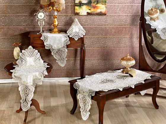 Bensu Velvet Cordone 5 Piece Living Room Set - Cream