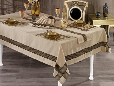 Bera Embroidered Linen Placemat with Table Cloth Set 14 Pcs - Thumbnail