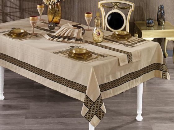 Bera Embroidered Linen Placemat with Table Cloth Set 14 Pcs