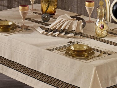 Bera Embroidered Linen Placemat with Table Cloth Set 14 Pcs - Thumbnail