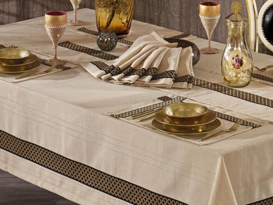 Bera Embroidered Linen Placemat with Table Cloth Set 14 Pcs