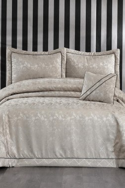 Beren Quilted Jacquard Velvet Bedspread Set, Coverlet 270x270 with Pillowcase, Full Size Bed, Double Size Coverlet, Cappucino - Thumbnail