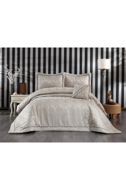 Beren Quilted Jacquard Velvet Bedspread Set, Coverlet 270x270 with Pillowcase, Full Size Bed, Double Size Coverlet, Cappucino - Thumbnail