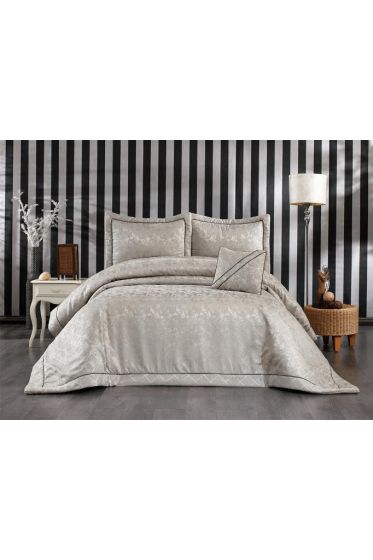 Beren Quilted Jacquard Velvet Bedspread Set, Coverlet 270x270 with Pillowcase, Full Size Bed, Double Size Coverlet, Cappucino