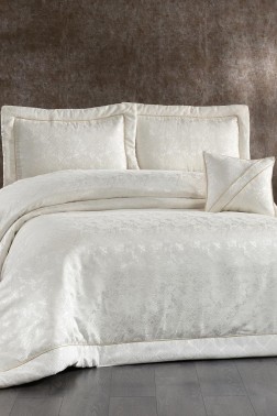 Beren Quilted Jacquard Velvet Bedspread Set, Coverlet 270x270 with Pillowcase, Full Size Bed, Double Size Coverlet, Cream - Thumbnail