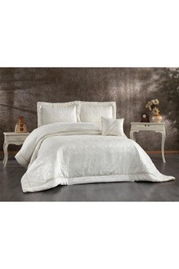 Beren Quilted Jacquard Velvet Bedspread Set, Coverlet 270x270 with Pillowcase, Full Size Bed, Double Size Coverlet, Cream - Thumbnail
