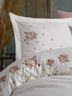 Betty Embroidered 100% Cotton Sateen, Duvet Cover Set, Duvet Cover 200x220, Sheet 240x260, Double Size, Full Size Ecru - Thumbnail