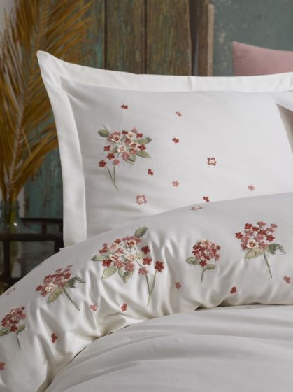 Betty Embroidered 100% Cotton Sateen, Duvet Cover Set, Duvet Cover 200x220, Sheet 240x260, Double Size, Full Size Ecru