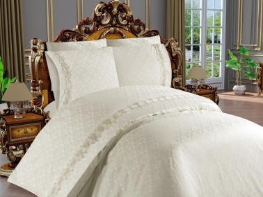 Beyza French Guipure Jacquard Satin Duvet Cover Set Cream - Thumbnail