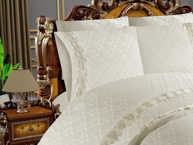 Beyza French Guipure Jacquard Satin Duvet Cover Set Cream - Thumbnail