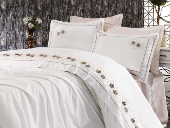 Bianca Embroidered Duvet Cover Set Cream Cappucino