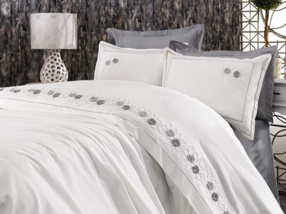 Bianca Embroidered Duvet Cover Set Cream Gray