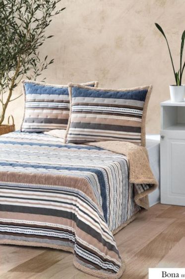 Bona All Day King Size Bedspread Set 3pcs, Coverlet 220x240 with Pillowcase, Ultra Soft Plush Fabric, Blue