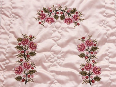 Burgundy Rose Embroidered Pink Prayer Rug - Thumbnail