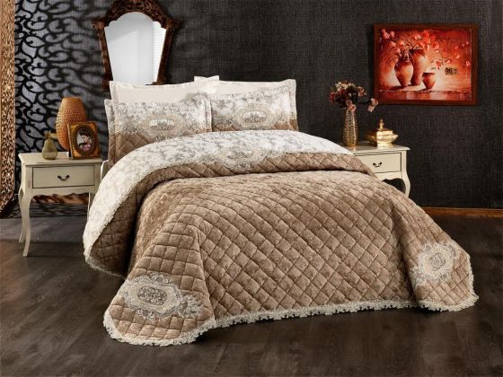 Boutique French Guipureed Velvet Dowry Bedspread Cappucino