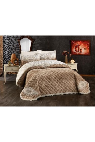 Boutique French Guipureed Velvet Dowry Bedspread Cappucino